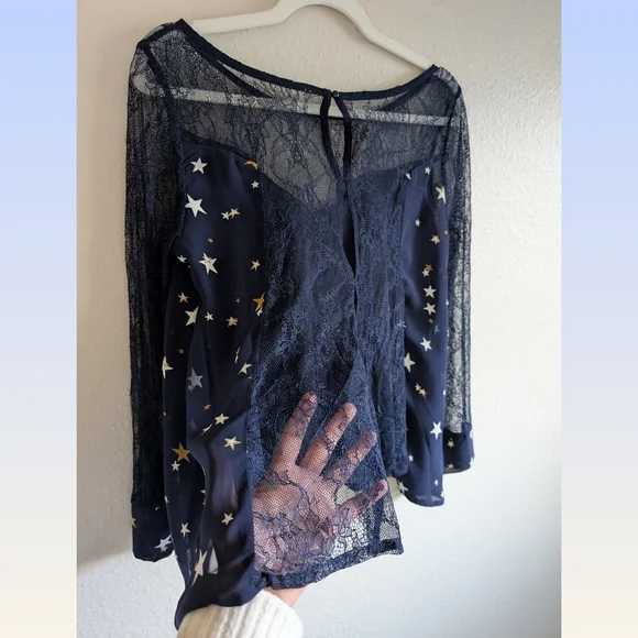 Starry Night Blouse in Midnight Blue with Lace Sleeves and Back - Picture 6 of 12